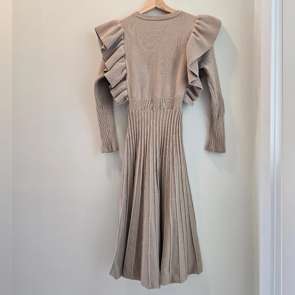 Ruffle-Trim Knit Midi Dress in Beige - Picture 2 of 3